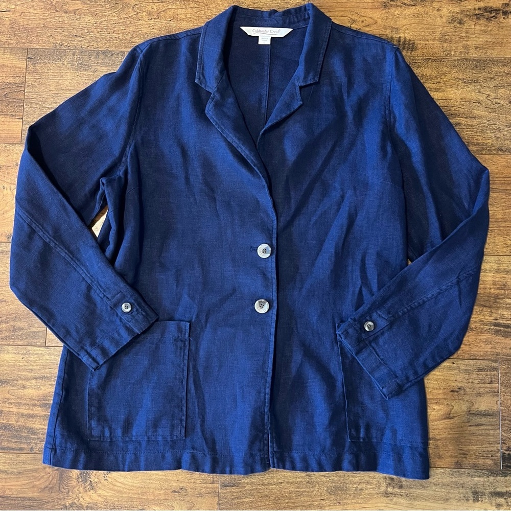 COLDWATER CREEK 100% Linen Navy Blazer Jacket Size Large EUC